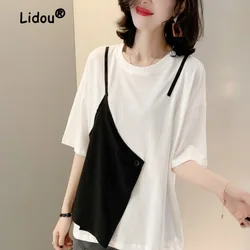 Classic Black and White Color Block Particularity Blouse Women Classic Half Sleeve O-collar Refreshing Lady Pullover Shirt