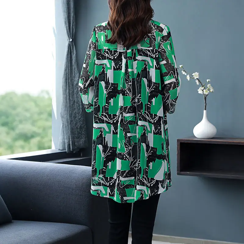 Women Summer Fashion Loose Fashionable Printing Chiffon Polo-Neck 3/4 Sleeve Shirts Women Clothes Casual All-match Elegant Tops