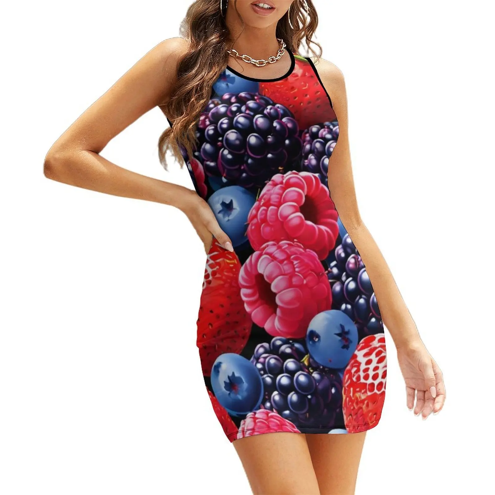 

mixed berry pattern Sleeveless Sundress dresses korean style women's luxury party dress Women's summer dresses
