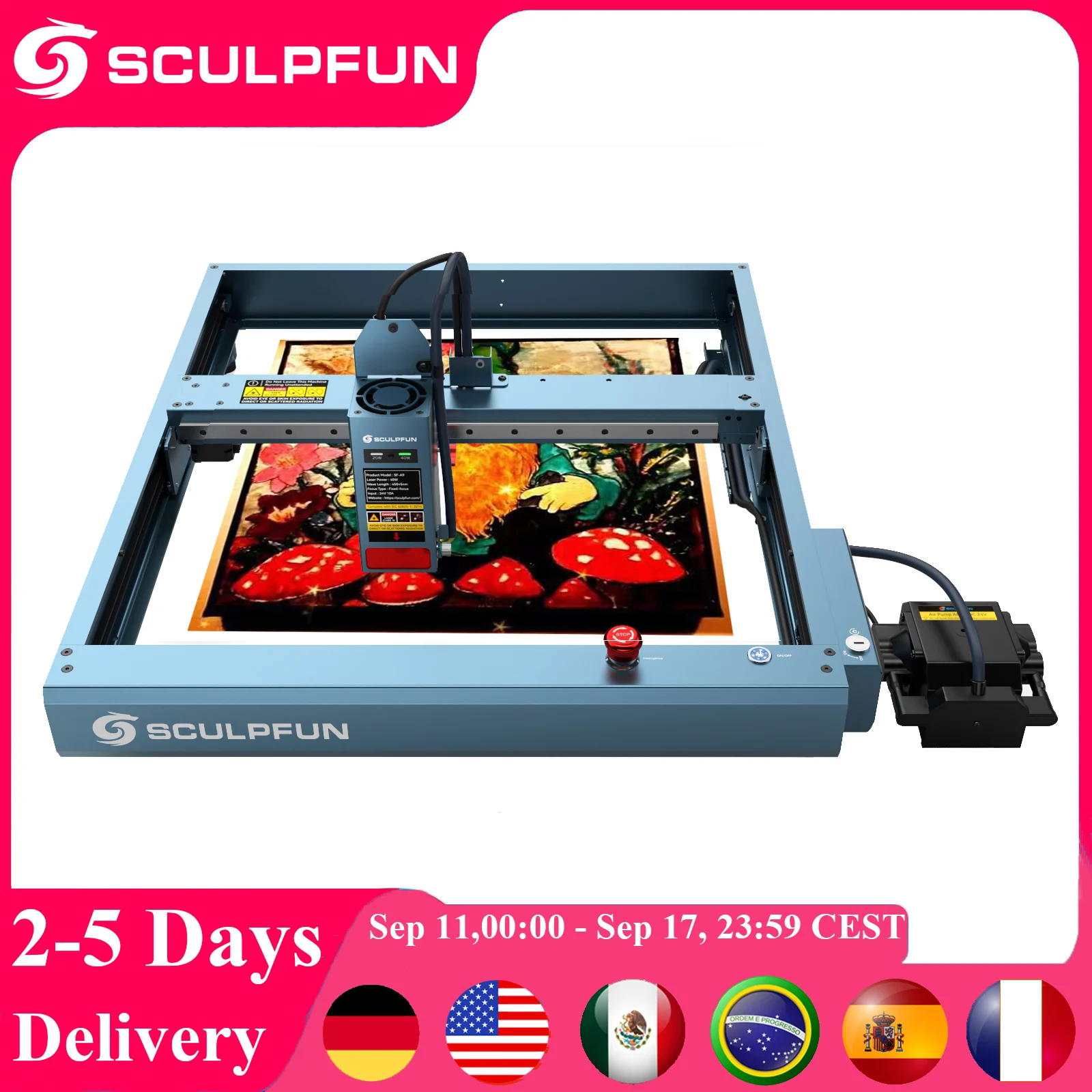 

SCULPFUN SF-A9 Laser Engraver Machine 20W/40W Two Power Laser 400x400mm Work Area Support Wifi USB and BT Function CNC Cutter