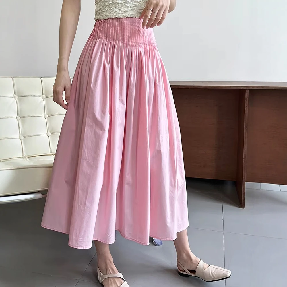 Faldas Primavera Verano mujer ropa elegante Simple pliegues lisos Midi cintura alta A-Line faldas para citas para mujer