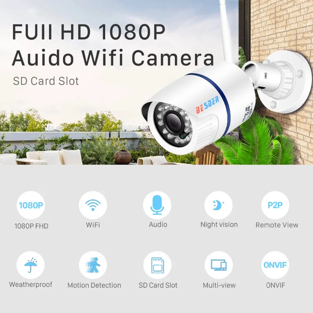 BESDER ICSEE 1080P P2P Wifi Camera Audio Recording IP Camera Wireless Wired Alarm CCTV Bullet Outdoor With SD Card Slot Max 128G