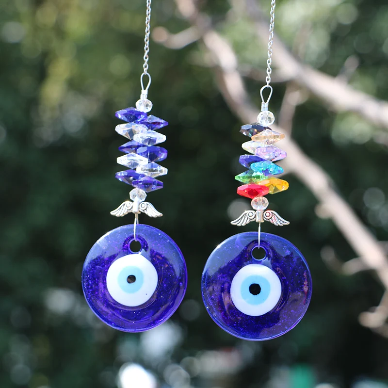 1PCS Blue Evil Eye Protection Hanging Crystals Suncatcher Chakra Octagon Pendant Rainbow Maker Home Garden Decoration