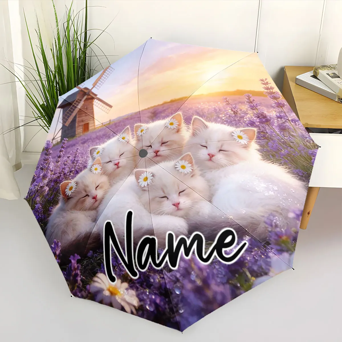 Custom Name Cats in Lavender Field with Windmill Design Umbrella Print 8 Iron Ribs Folding Umbrella Auto-Open Fashion Sunshade