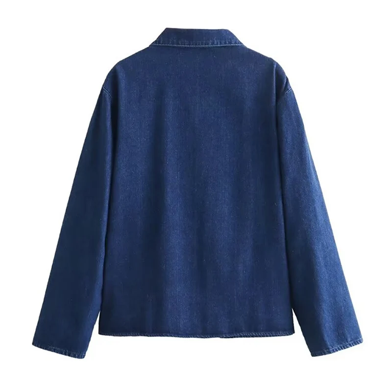 เสื้อแจ็คเก็ตยีนส์แขนยาวผูกเชือกสไตล์เกาหลีสำหรับผู้หญิง ฤดูใบไม้ผลิ ทรงหลวม ปกพับได้ เสื้อเชิ้ตยีนส์ผู้หญิง มีกระเป๋า สไตล์เรโทร สีน้ำเงิน เสื้อคลุมผู้หญิง