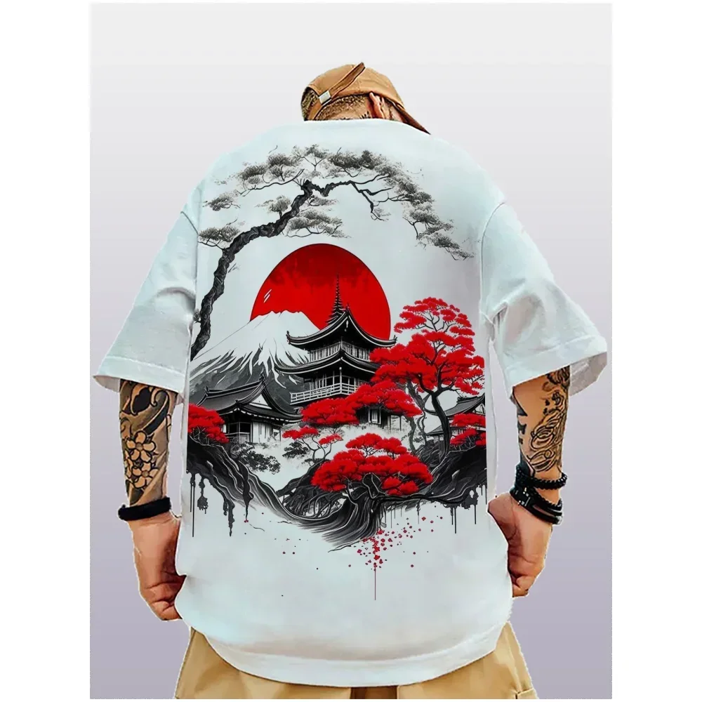 Oversized Fashionable Men\'s T-shirt with Japanese Plum Blossom Pattern 3D Printing Loose Street Trend T-shirt for Men\'s Clothing