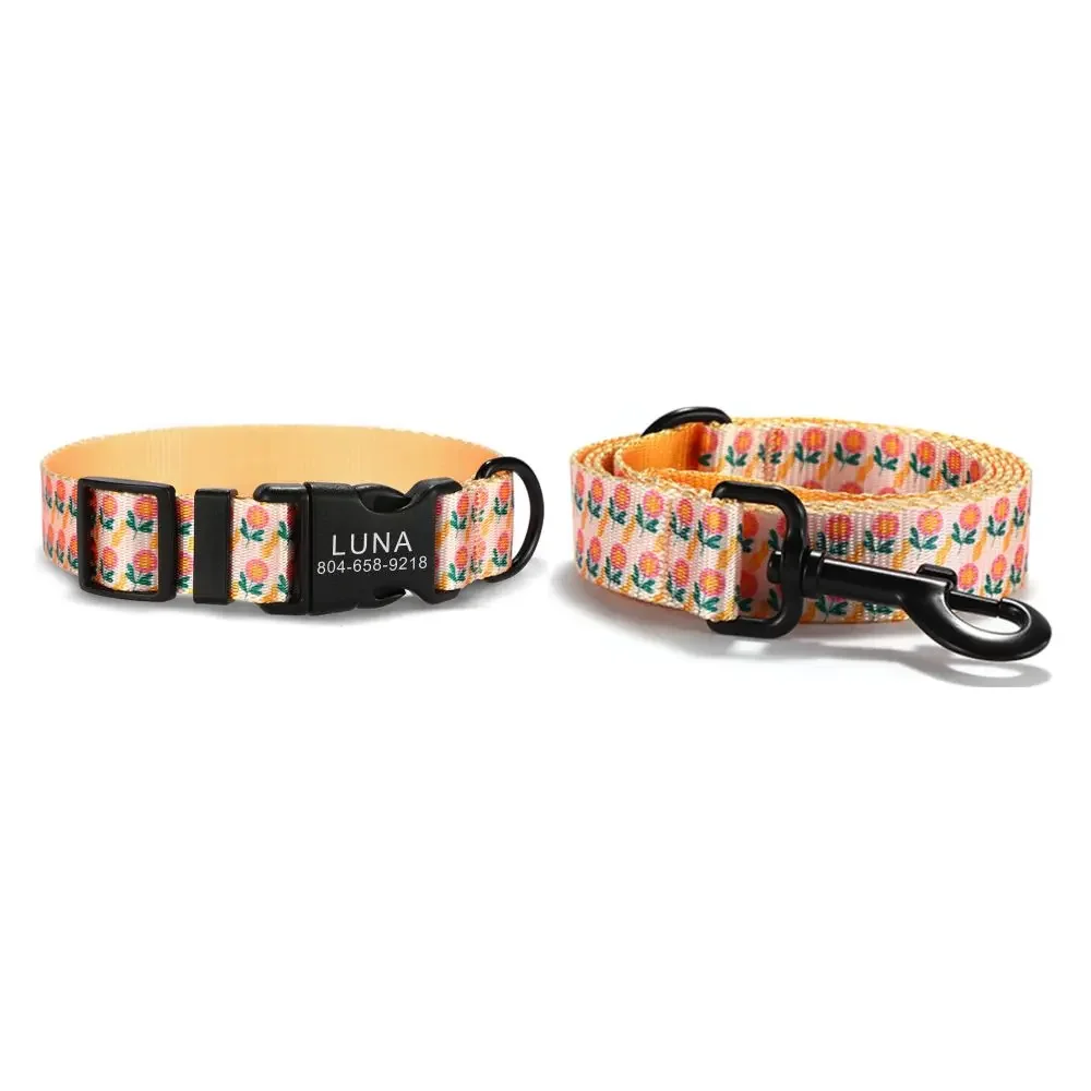 

Personalized Pet Collar, Customized Nameplate ID, Adjustable Orange Sunflower Soft Fiber, Lead Leash, Cat and Dog Collars