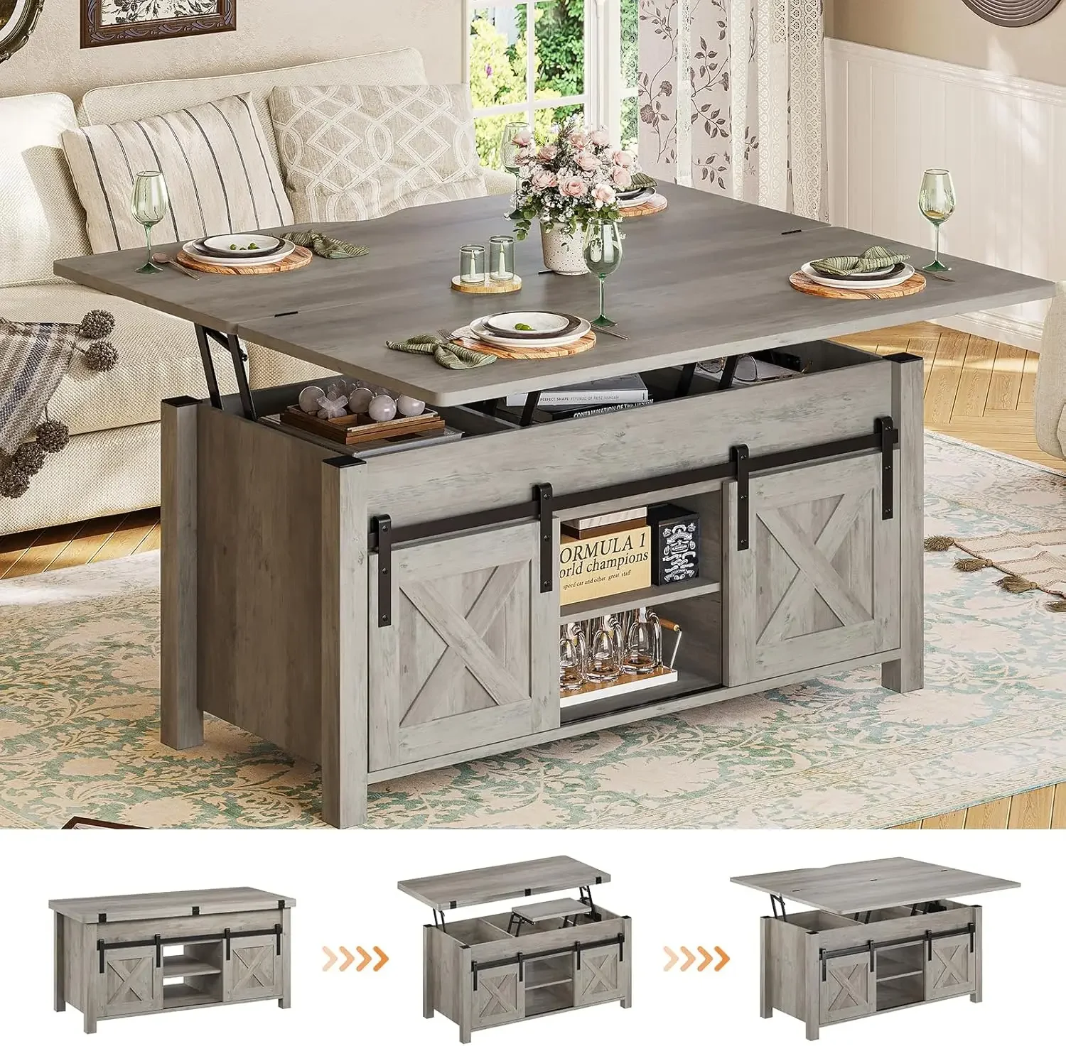 Storage and Hidden Compartment, Farmhouse Coffee Table Converts to Dining Table for Living Room, Grey