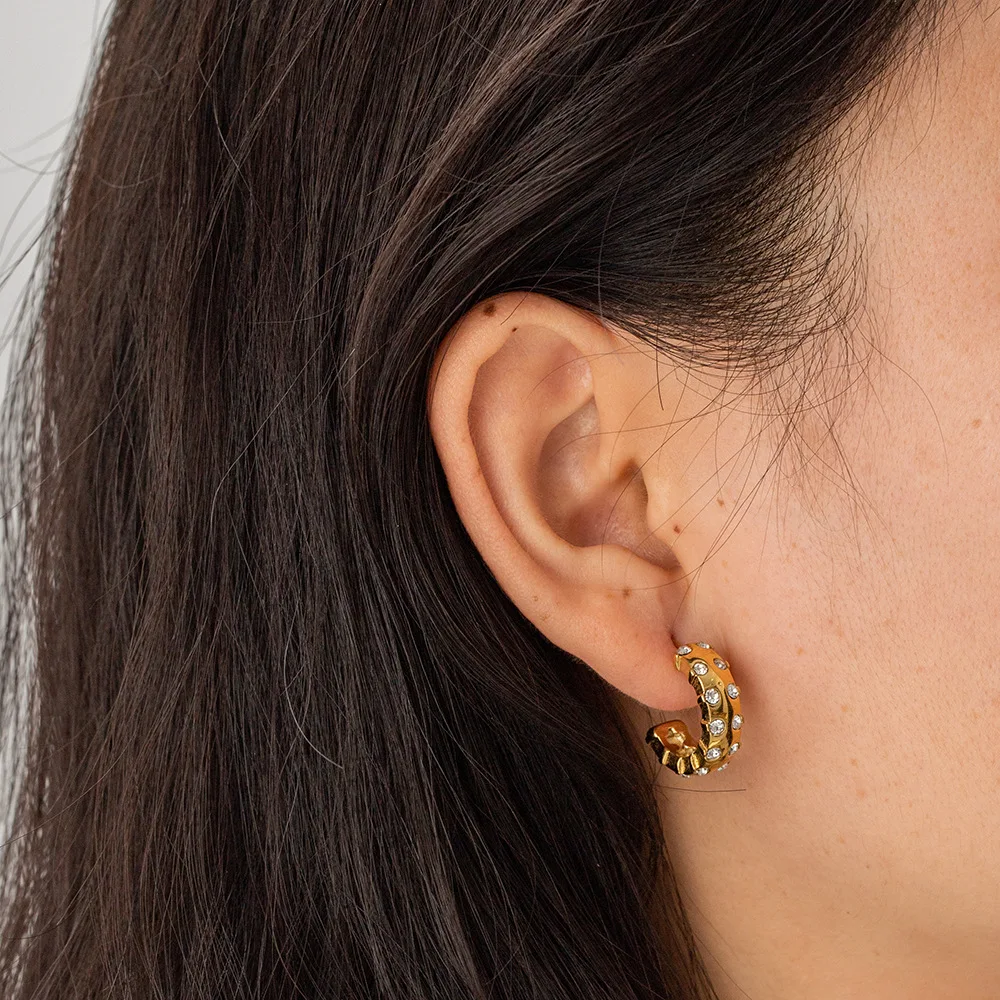 Stainless Steel PVD 18K Gold Plated Tarnish Small Size Crystal CC Hoop Earrings For Woman Jewelry Wholesale Summer Trendy