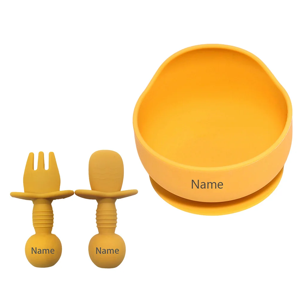 Free Name Printing 3PCS Silicone Tableware Bowl Spoon Fork Suitable for Boys Girls Holiday Gift