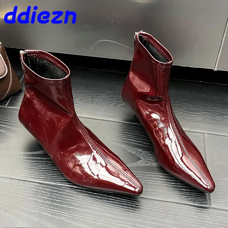 Female Red Footwear Zippers Women Ankle Stretch Boots With Low Heel Shoes Fashion Elastic Ladies Modern Boots Heeled Shoes