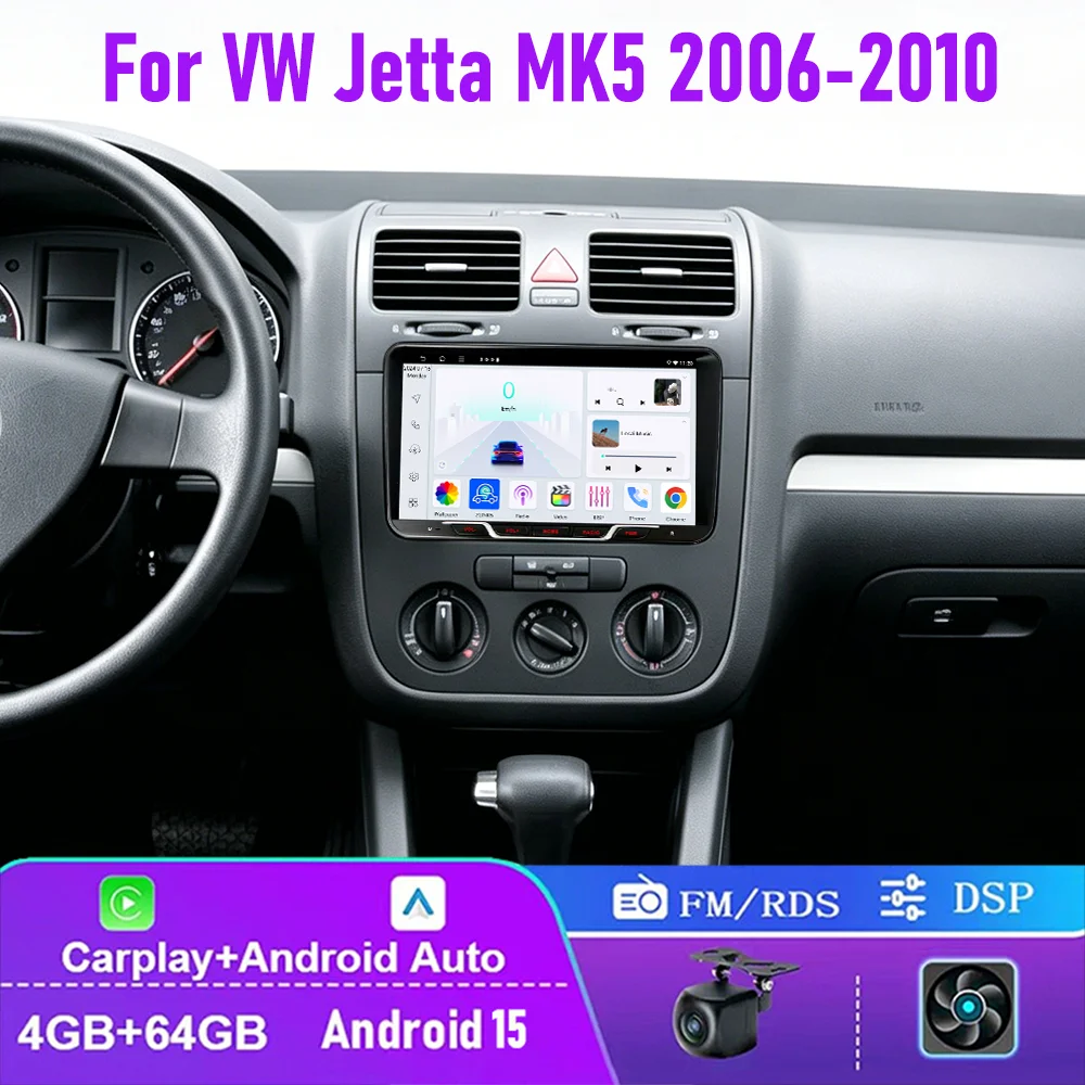 

9" 4+64GB For VW Jetta MK5 2006-2010 Car Radio Wireless CarPlay Android 15 Auto QLED Touchscreen Head Unit Canbus Plug & Play