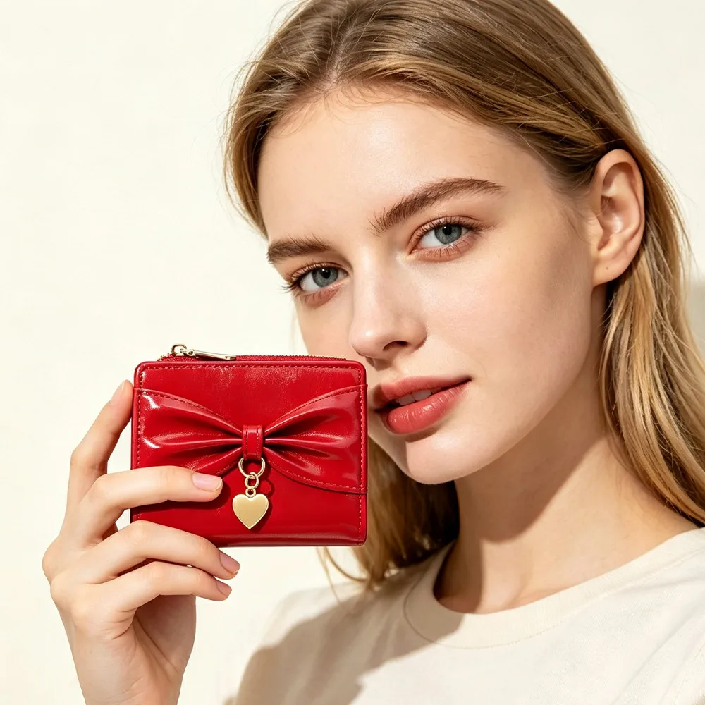 1 Stück Damen-Mini-Geldbörse mit Schleifenmuster, tragbare Münztasche in Herzform, leichte Taschen-Geldbörse für Reisen und Urlaub, einfarbige, minimalistische Kartenhülle, süße Geldbörse in Dopamin-Farben für Mädchen, das perfekte Geschenk für Mädchen. – Detail 2