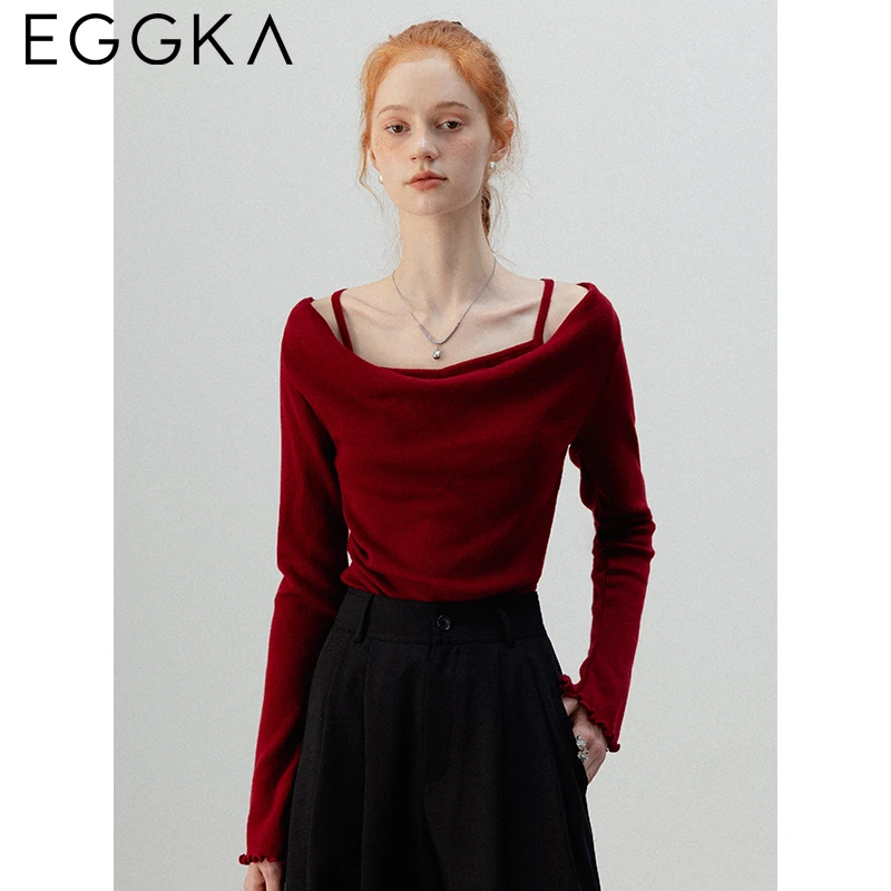 Eggka Autumn Slash-Neck Knitted Tops for Women Solid Sling Design Slim Long-Sleeve Tops Korean Fashion Knit T-Shirts Underwear