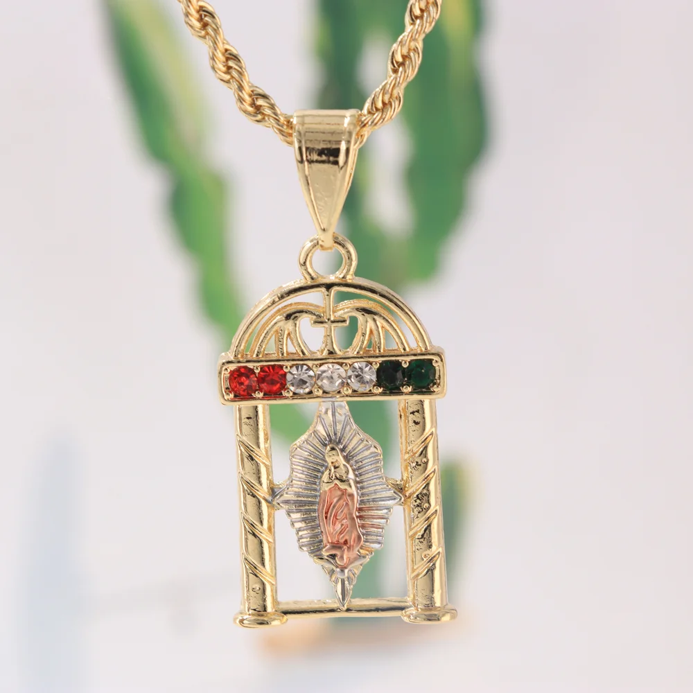 Luck Jewelry  Gold-plated Tri-color Laminated Gold Cross Pendant 18k Religion Jesus Virgen De Guadalupe Charm Necklace Pendant