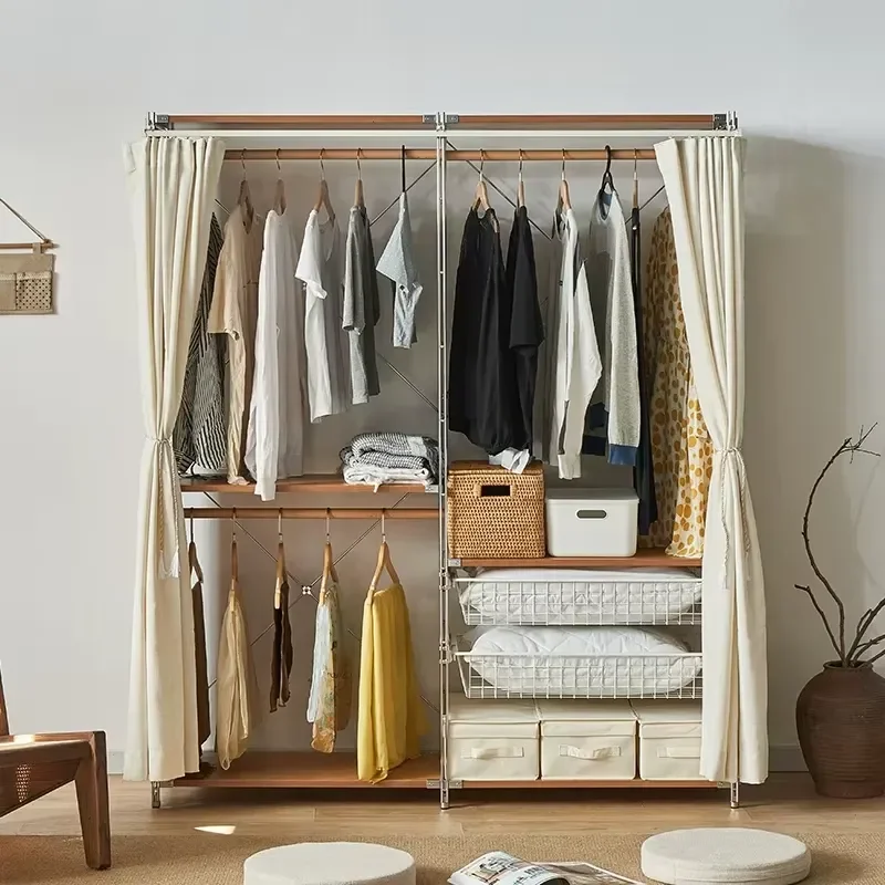 Multifunctional Metal Garment Rack Open Wardrobe with Top and Bottom Shelves Steel Clothes Rack for Shoes and Bags Storage