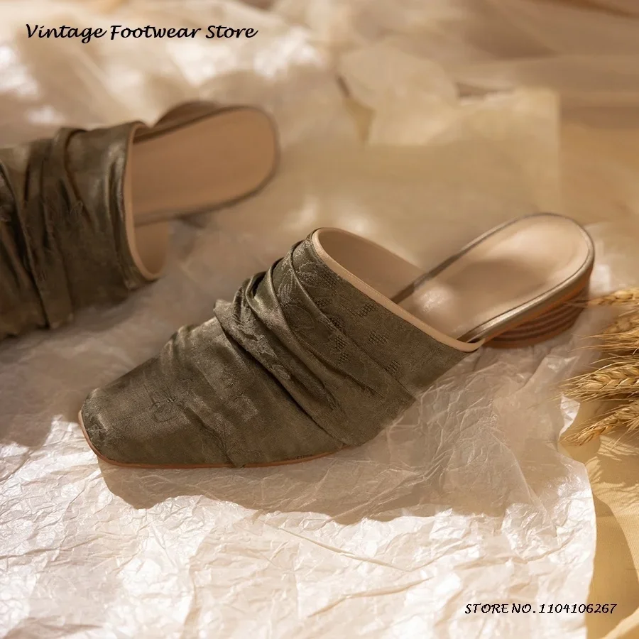 

Butterfly Embroider Pleated Leather Mules High-end Square Toe Chunky Heel Pull On Shoes Spring Summer Womne's Modern Slippers