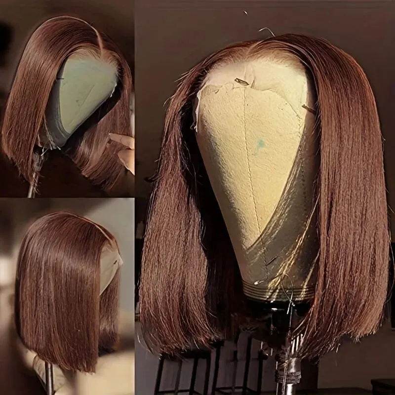 Chocolate Brown Lace Front Short Bob Wigs Pre Plucked 13x4 Swiss Transparent Ear To Ear Lace Frontal Human Hair Wigs For Women