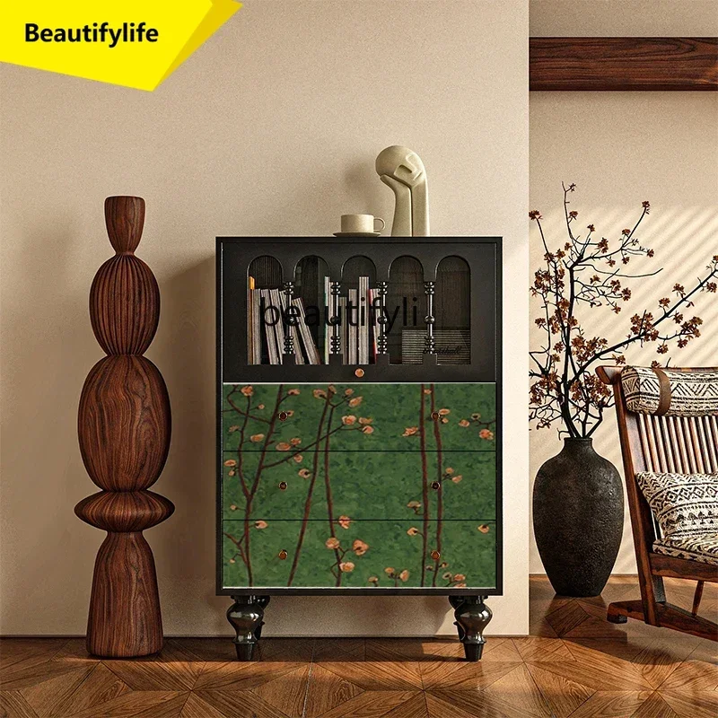 Q181  Medieval solid wood tipping bucket cabinet, bookcase next to the sofa in the living room, wall storage decorative cabinet