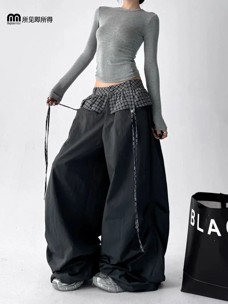 Checkered Strap Workwear 2025 Curved Knife New Style Loose Slimming Wide Scythe Pants Casual Pants