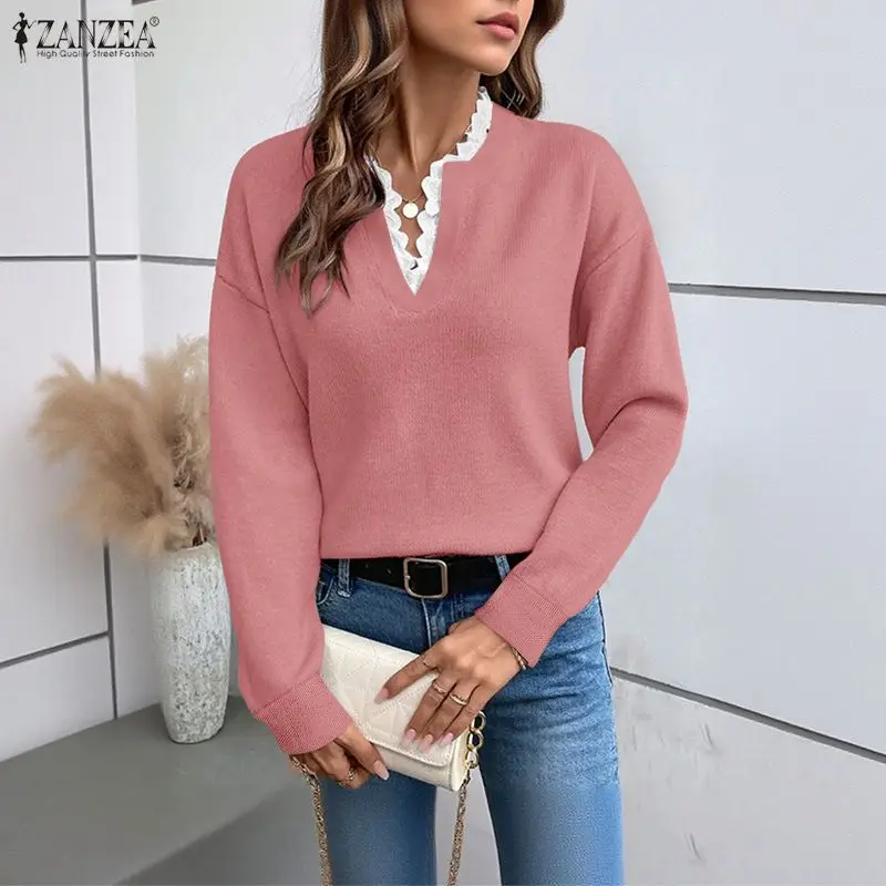 ZANZEA سترات نسائية للخريف بأكمام طويلة بلوفرات محبوكة موضة الربيع غير رسمية برقبة على شكل حرف v دانتيل مرقع ملابس خروج فضفاضة تريكو