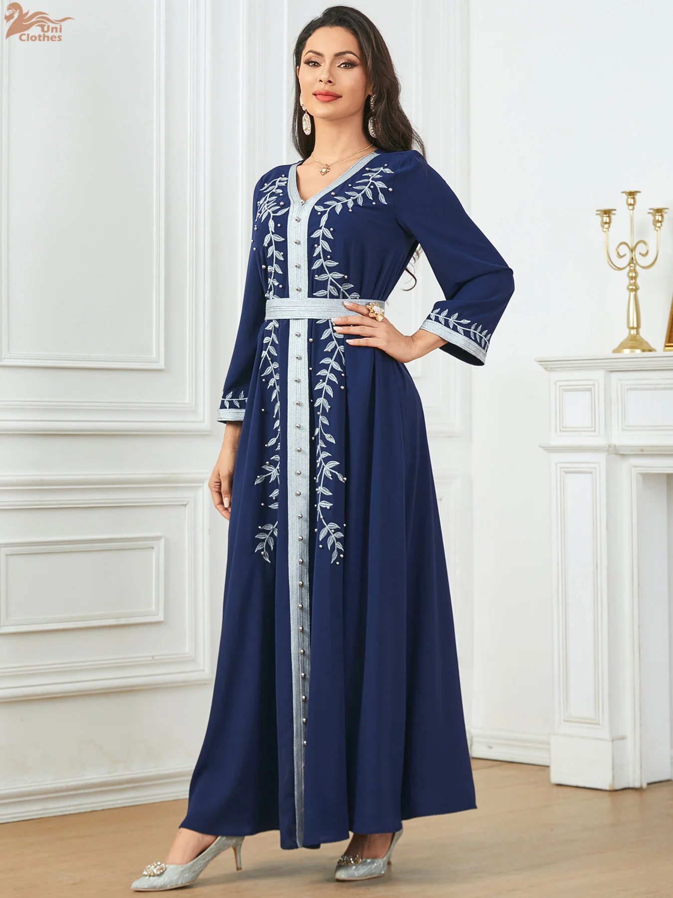 Uni Fashion Muslim Abayas For Woman Embroidery V-neck A-Line Long-sleeved Dresses With Belt Moroccan Turkish Arab Jalabiya