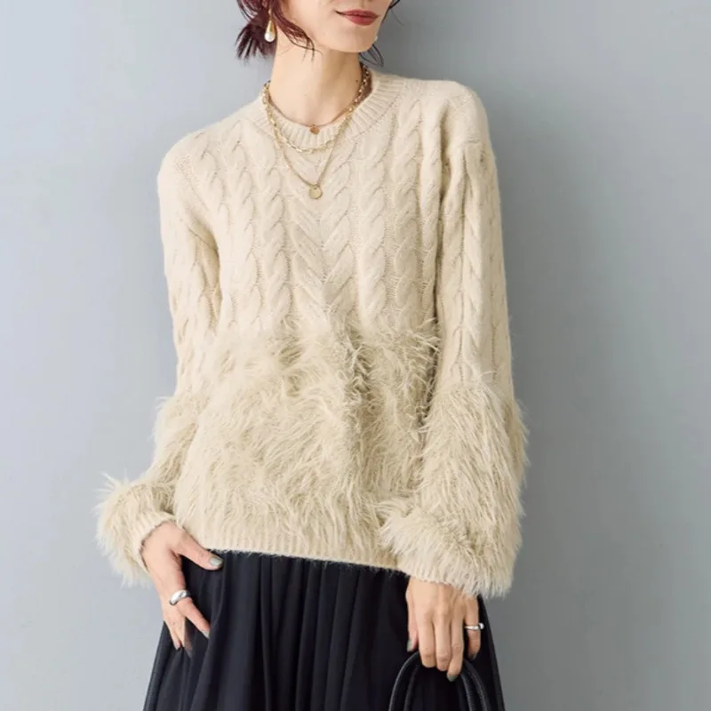 KUSAHIKI New Style Faux Mink Sashmere Splicing Fried Dough Twists Sweater Fashion Women Fashion Knit Top