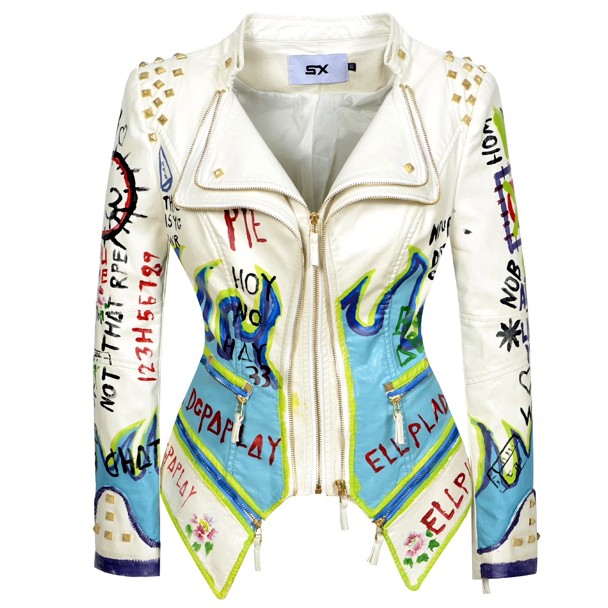 Fashion SX Women's fashionable colorful hand drawn graffiti PU jacket with perfect shape, motorcycle bicycle rivet jacket