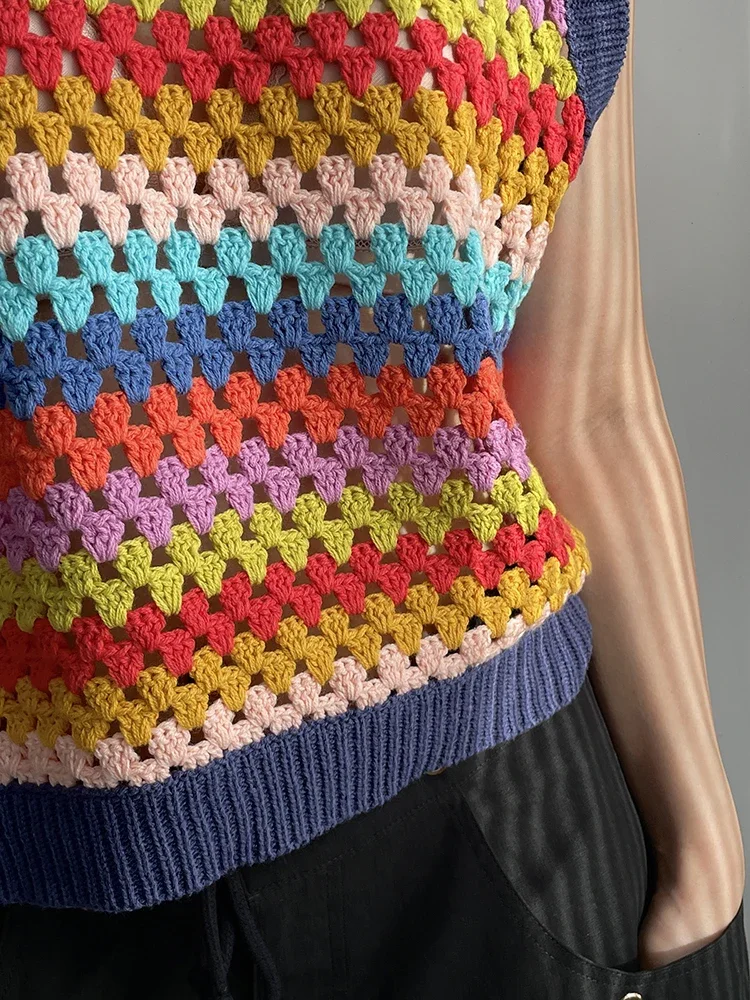 Handmade Rainbow Color Stripe Vest Women Summer Sleeveless Hollow Out Crochet Knitted Fashion Tops