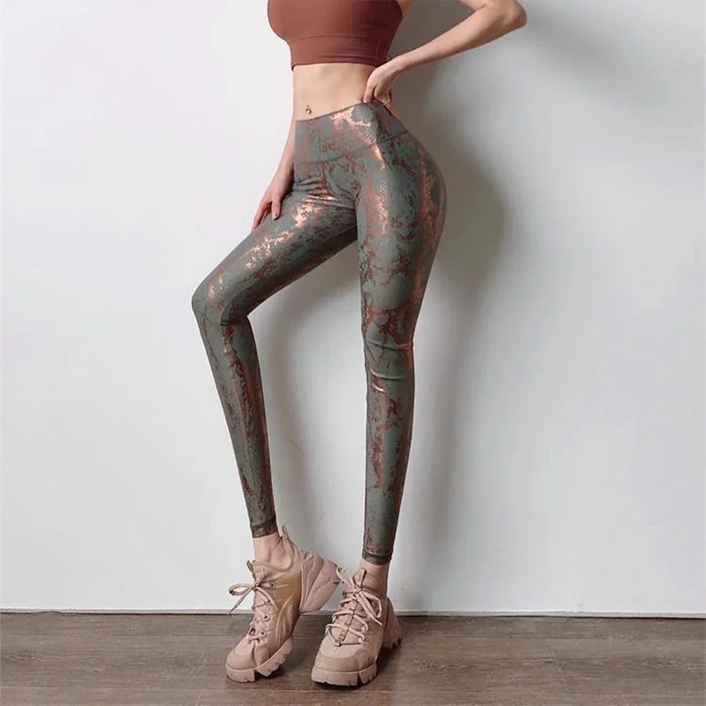 Women's Snake Print Yoga Pants High-waisted Elastic Sports Leggings Gold Hip Slim-fit Casual Leggings