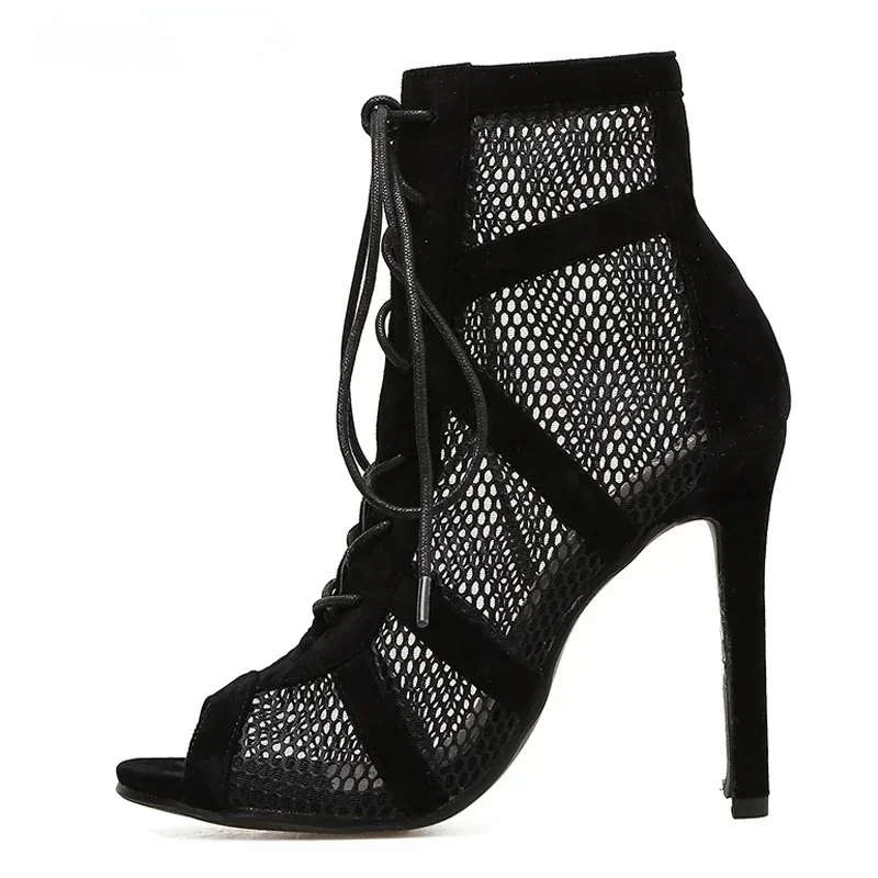 

Women's Peep Toe Mesh Fishnet Suede Patchwork Front Lace Up Thin Stiletto Heel Ankle Booties Sandals Sexy Nightclub Party Shoes