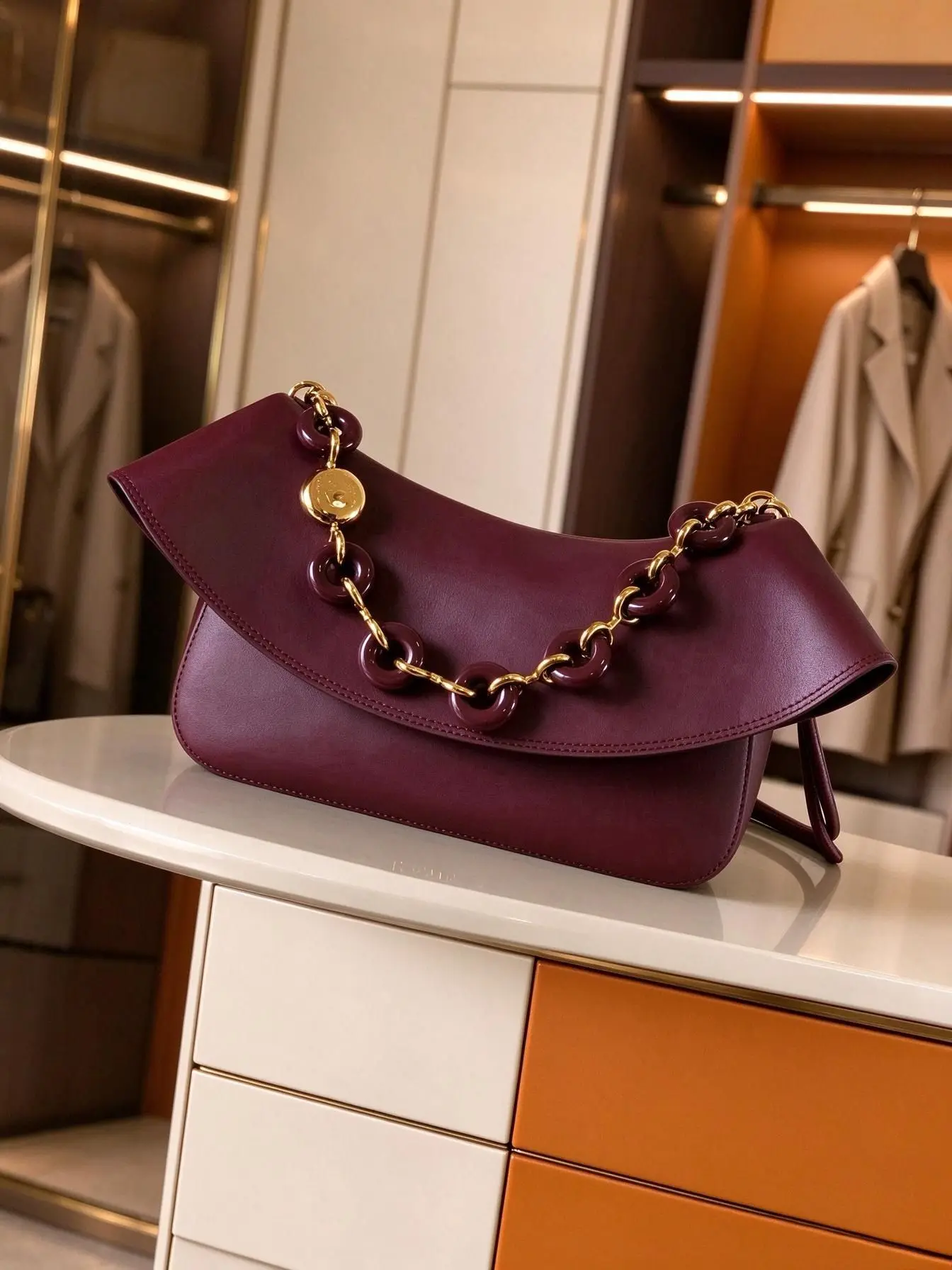 Women Burgundy Flap Shoulder Bag Smooth PU Leather Curved Design Chunky Resin Metal Chain Strap Crossbody Purse