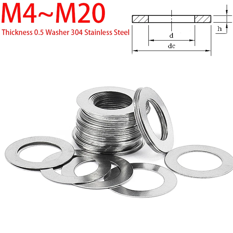 

50/100pcs M4 M5 M6 M8 M10 M12 M14 M16 M18 M20 Thickness 0.5Washer 304 Stainless Steel Washer Big Metal Gasket Gasket Ultra-Thin