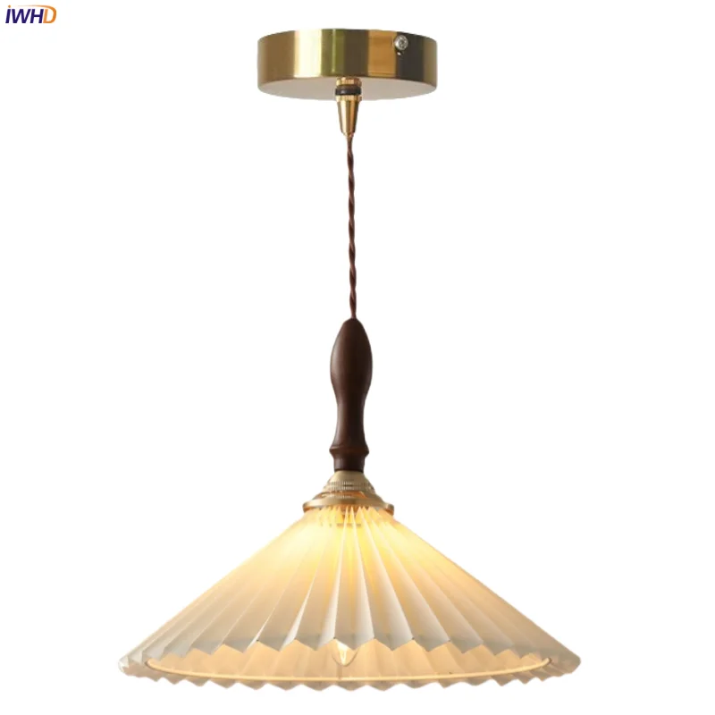 

IWHD Pleated Fabric LED Hanging Lamp Living Room Decor Balcony Bar Wood Handle Copper American Vintage Pendant Lighting Hanglamp