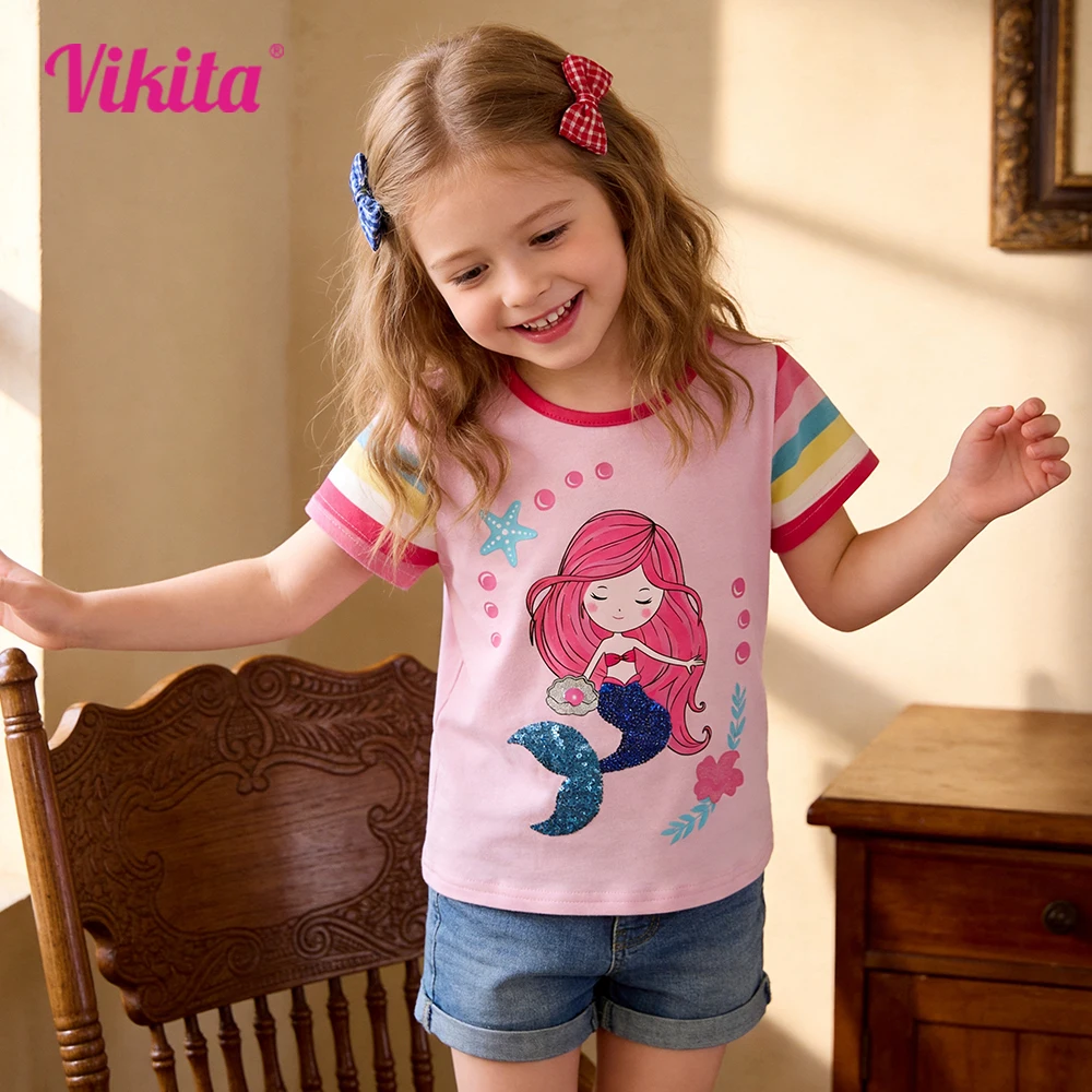 VIKITA Mädchen Kurzarm Sommer Rosa T-Shirts Kinder Meerjungfrau-Print Niedliche Baumwolle Lässige Weiche Oberteile T-Shirts Kinderkleidung Outfit