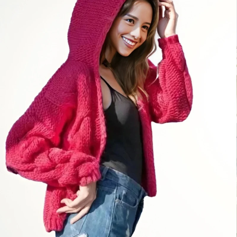

Fashion Vintage Solid Color Hooded Cardigan Casual Women Sweater Coat Autumn Winter Simple Thickening Warm Women's Cardigan