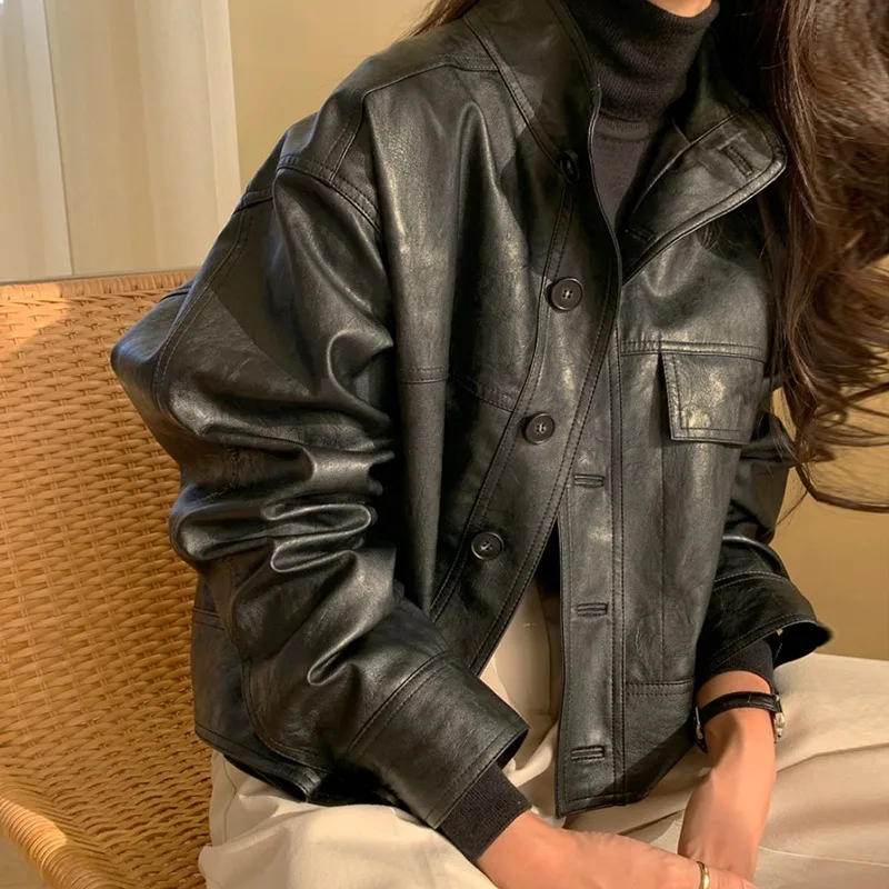 American Stand Up Vintage Jacket Women Faux Leather Button Coats Female Gothic Harajuku Jackets Y2k Solid Color Motorcycle Coat