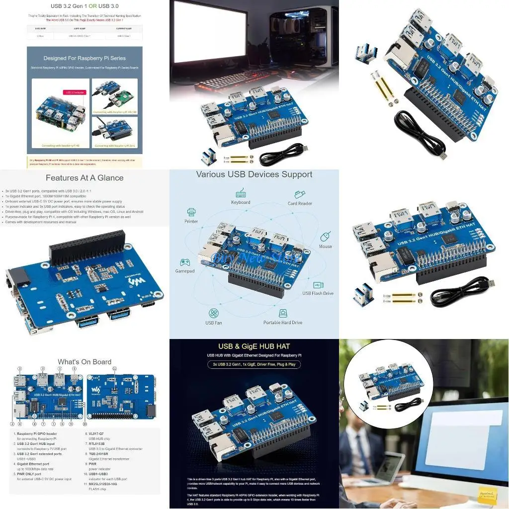 

20ce Driver 3 Ports USB3.0 Расширение USB3.2 Gen1 и Гигабит Ethernet HAT HAT