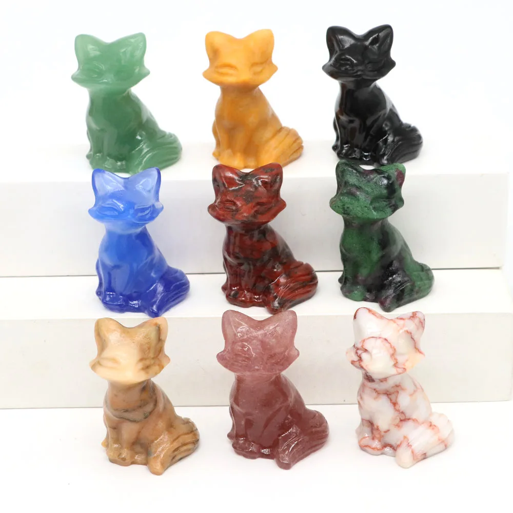 تمثال ثعالب من الحجر الطبيعي للشفاء كريستال منحوت يدويًا تمثال حيوان ريكي أحجار كريمة حرف معدنية ديكور منزلي هدايا محظوظة