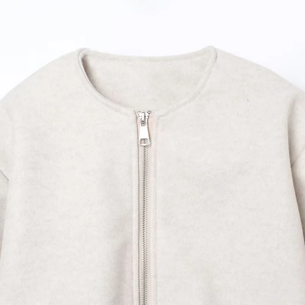 유니제라 2025 신상 여성 캐주얼 패션 유럽 및 미국 스타일 디자인 단색 라운드넥 지퍼 재킷 코트