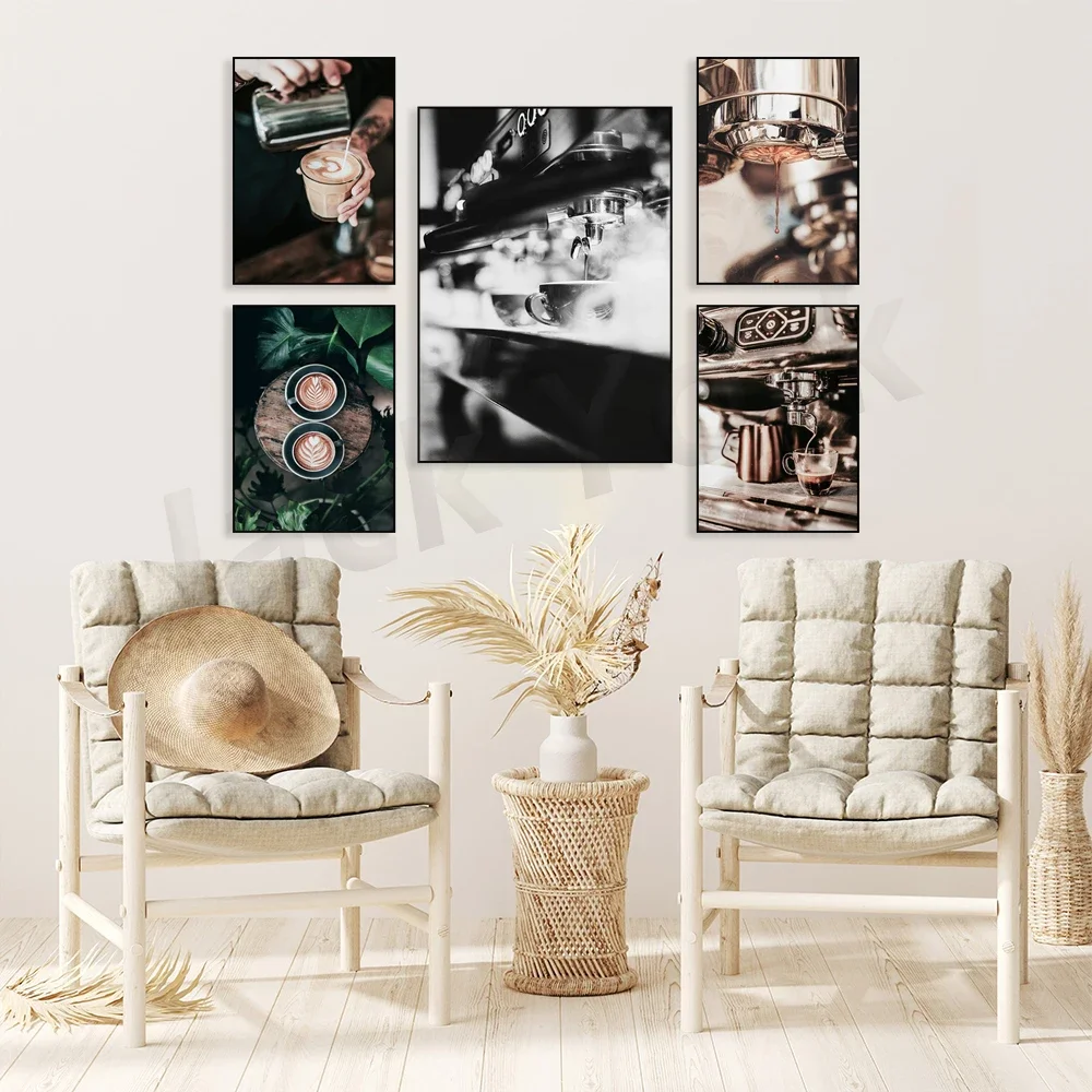 Poster: Cappuccino coffee between palm trees,Coffee drips from the portafilter machine,Coffee Espresso Portafilter Machine