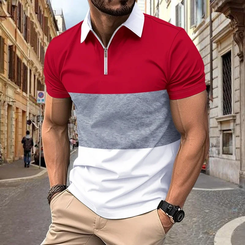 GZMS-Men's Casual Polo Shirt, Multicolor Printing, Zipper and Lapel Top, Summer, New