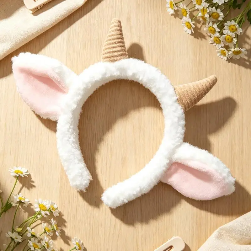 Diadema con orejas de oveja de peluche, diadema con cuernos de dibujos animados, accesorio para el cabello con forma de animal, ideal para niñas, disfraces de cosplay, fiestas y sesiones de fotos.