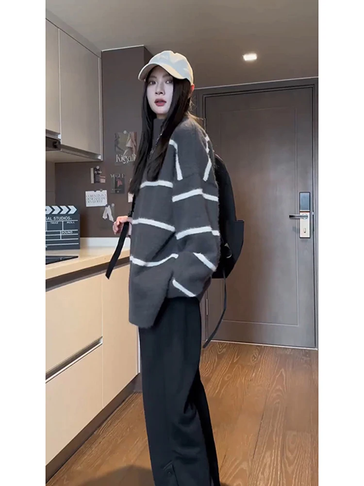 

American Retro Striped High Collar Men's Oversize Knitted Sweater Couple's Lazy Sle Autumn Winter Base irt Casual Loose Fit