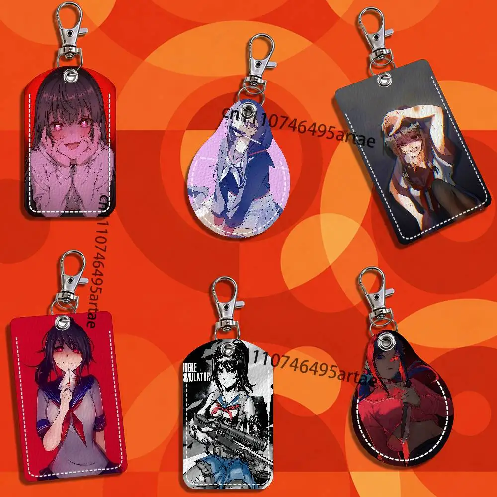Y-Yandere S-Simulator Game Rectangle ID Card Case Keychain Access Card Bag Key Tag Ring Leather Card Holder Key Ring