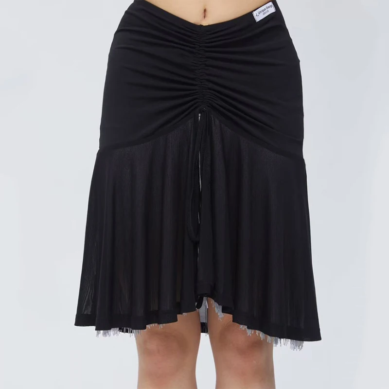 2025 High-End Latin Dance Performance Costumes For Women Drawstring Top Double-Layer Mesh Tassel Skirt Latin Dance Wear DQS19371