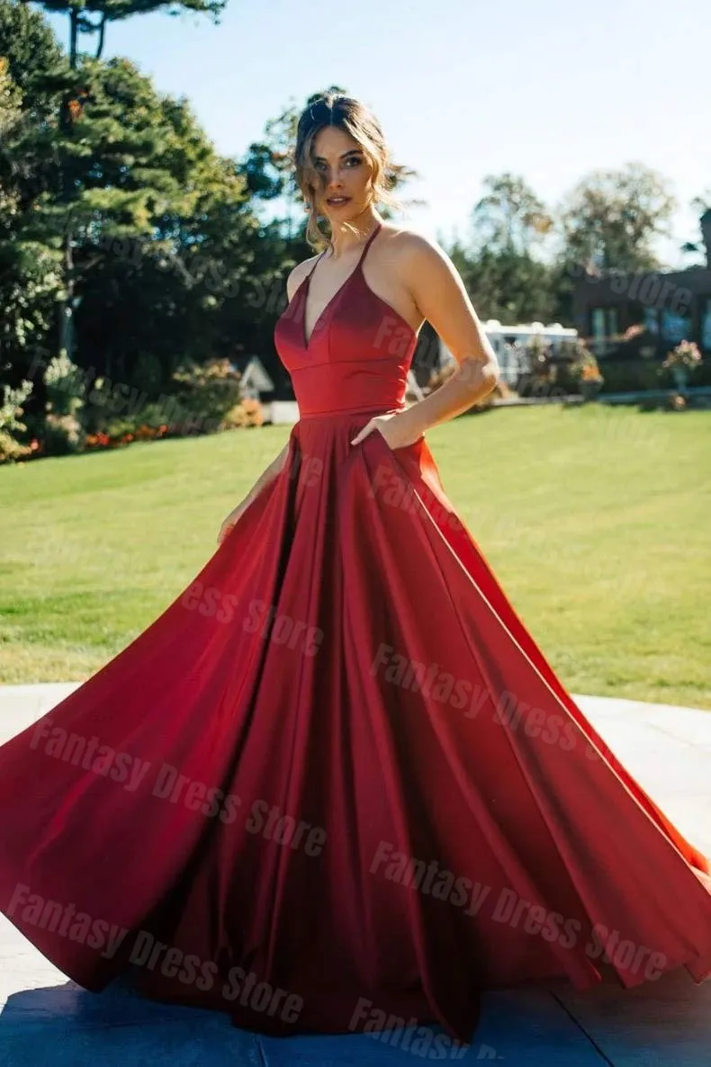 Elegant Red V-Neck Satin Prom Dresses V-Neck Italian Noodle Strap Sexy Backless Evening Dresses For Women فساتين مناسبة رسمية