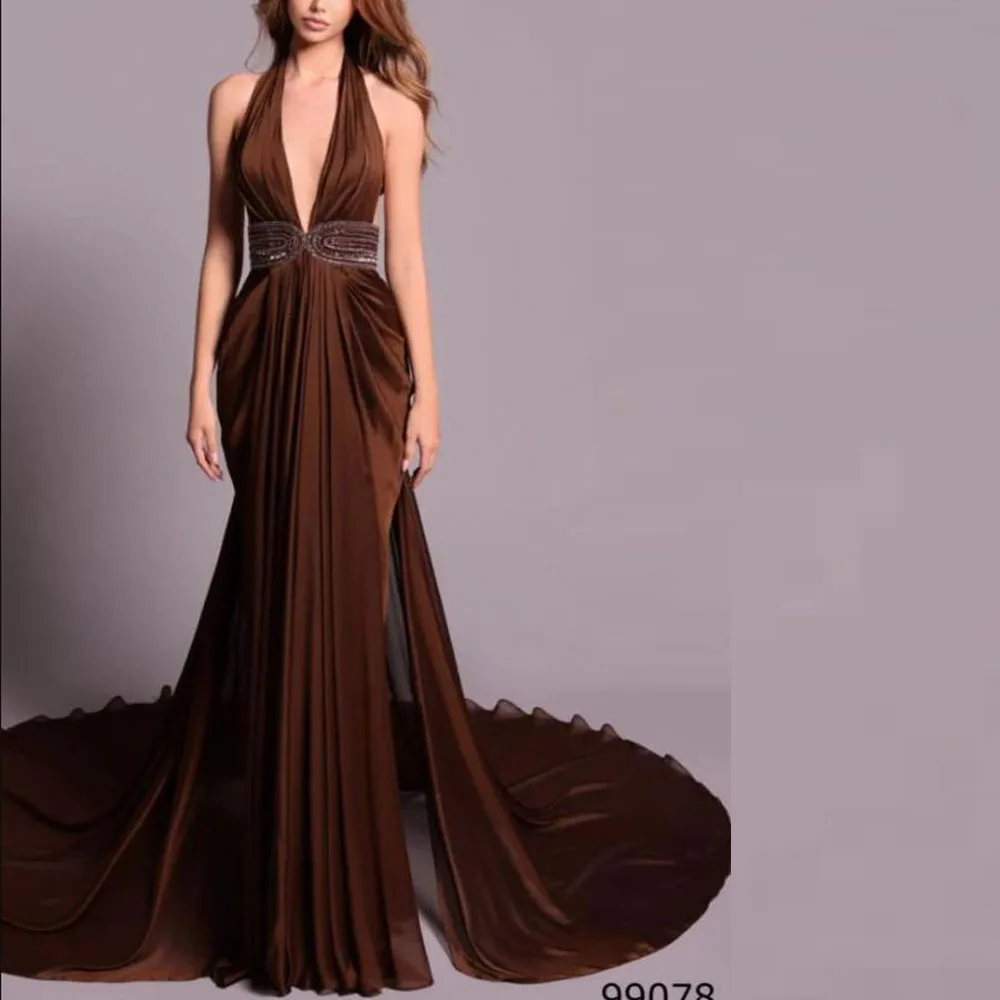 

Customized Halter Long Evening Dresses with Slit Bead Waist Backless Evening Gown 2025 Plunging Pleat Chiffon Maxi Dress