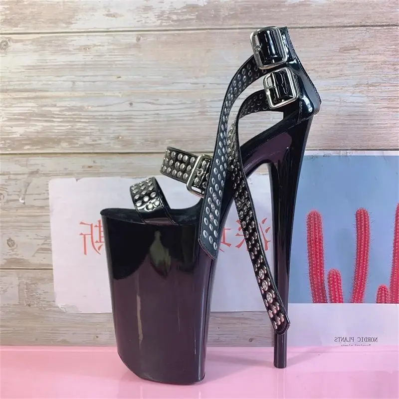 

​Hardcore Punk Stage Heels 26CM, Black Studded Peep Toe Sandals with Platform, Dominant Performance Wear​