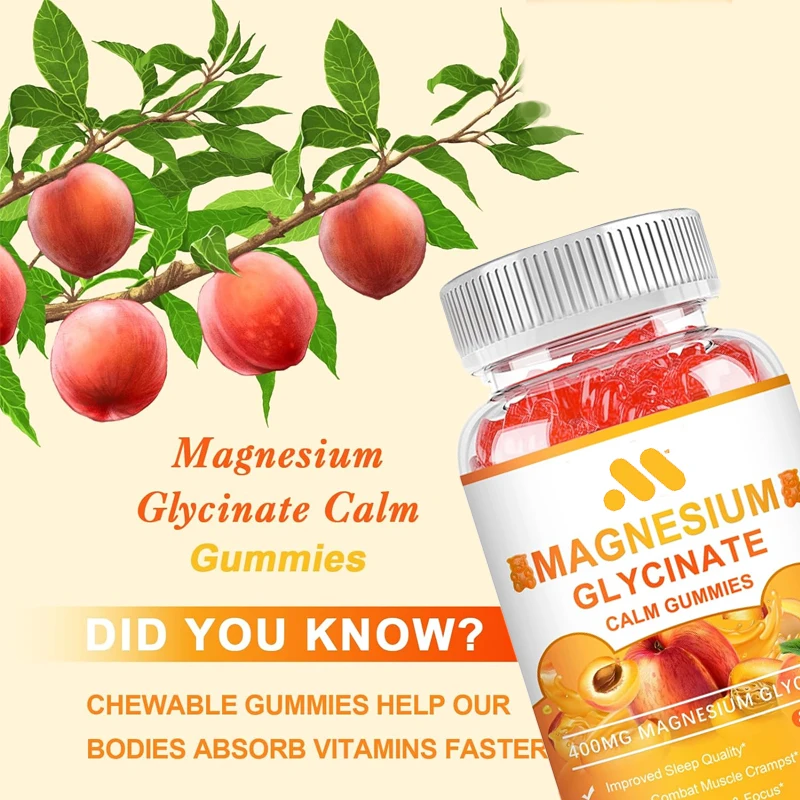 TaurineandMatalemagnesiumpotassium supplements containvitamins D, B6, K2, andcalcium, supporting a calmmoodwith 60 peach gummies